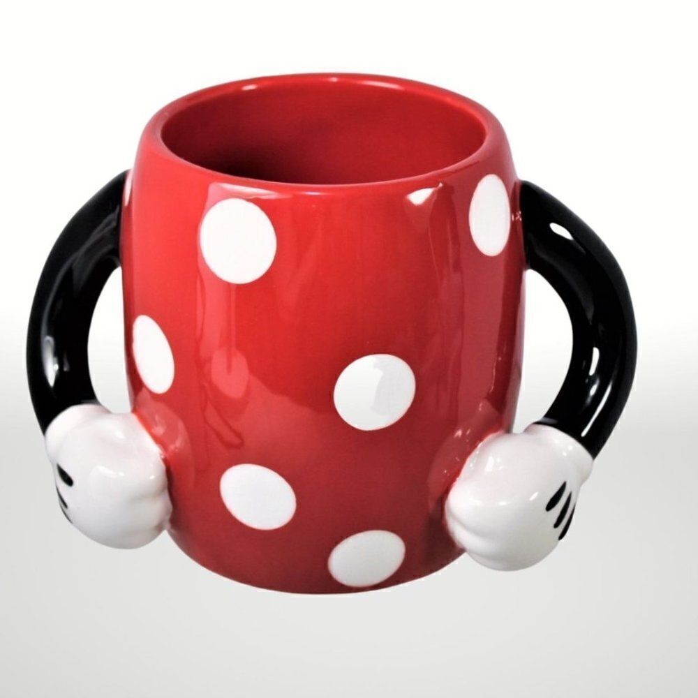 Mickey Mouse Mug Coffee Cup Disney Polka Dot Double Arms/Handle Red Black 16oz.